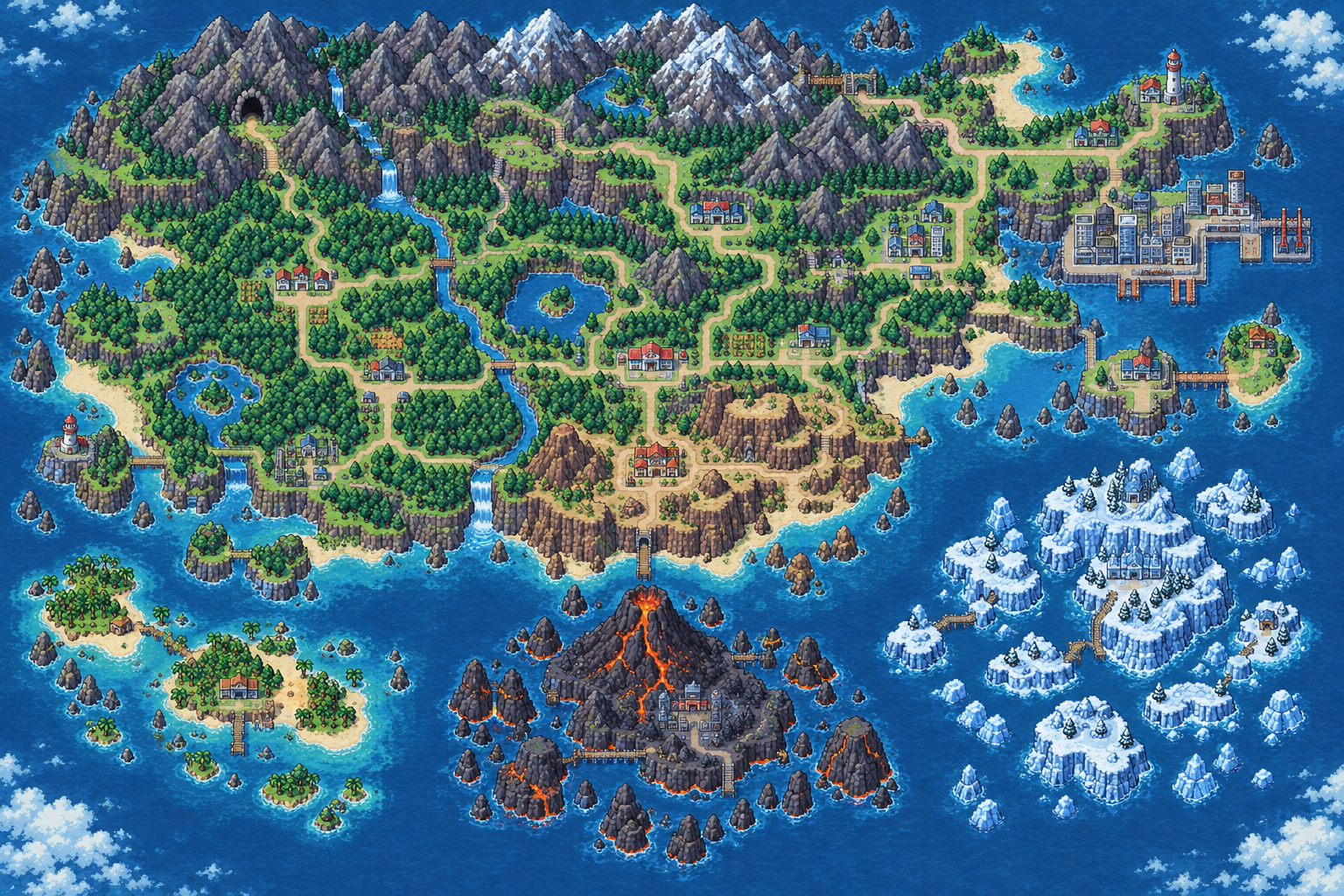 Mapa pixel-art de Kanto con bosques, montañas e islas